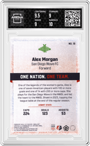 Alex Morgan from the 2024 USWNT One Nation. One Team. set graded by Arena Club and given an overall grade of 9.5.