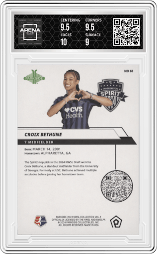 Croix Bethune from the 2024 Parkside NWSL Vol. 1 set featuring a Foil parallel graded by Arena Club and given an overall grade of 9.5.