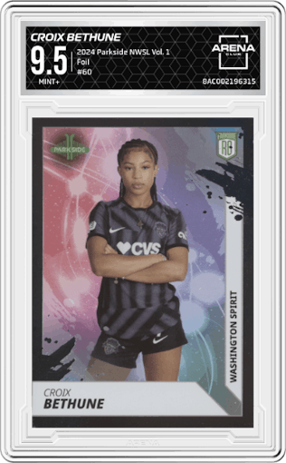 Croix Bethune from the 2024 Parkside NWSL Vol. 1 set featuring a Foil parallel graded by Arena Club and given an overall grade of 9.5.