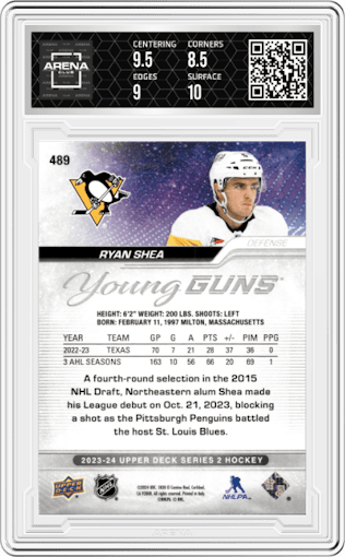 Ryan Shea from the 2023-24 Upper Deck Series 2 set graded by Arena Club and given an overall grade of 9.