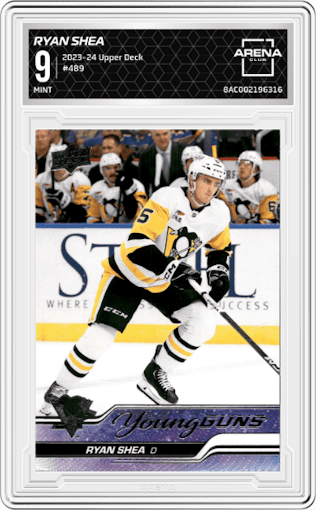Ryan Shea from the 2023-24 Upper Deck Series 2 set graded by Arena Club and given an overall grade of 9.