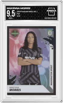 Makenna Morris from the 2024 Parkside NWSL Vol. 1 set featuring a Foil parallel graded by Arena Club and given an overall grade of 9.5.