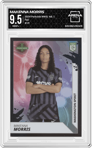 Makenna Morris from the 2024 Parkside NWSL Vol. 1 set featuring a Foil parallel graded by Arena Club and given an overall grade of 9.5.