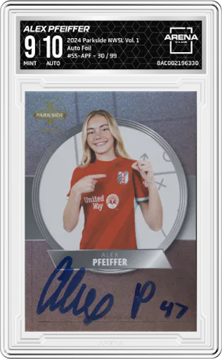 Alex Pfeiffer from the 2024 Parkside NWSL Vol. 1 set featuring a Foil parallel graded by Arena Club and given an overall grade of 9.