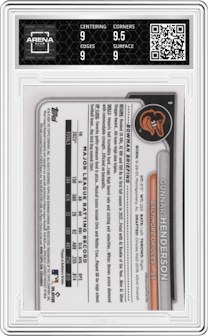 Gunnar Henderson  from the 2024 Bowman Chrome set graded by Arena Club and given an overall grade of 9.
