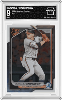 Gunnar Henderson  from the 2024 Bowman Chrome set graded by Arena Club and given an overall grade of 9.