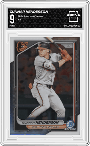 Gunnar Henderson  from the 2024 Bowman Chrome set graded by Arena Club and given an overall grade of 9.