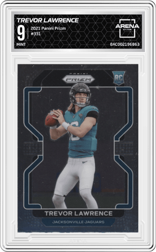 Trevor Lawrence from the 2021 Panini Prizm set graded by Arena Club and given an overall grade of 9.