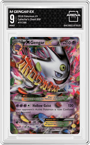 M Gengar EX from the 2016 Pokemon XY set featuring a 2016 Pokemon Collector's Chest parallel graded by Arena Club and given an overall grade of 9.