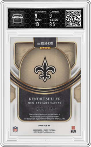 Kendre Miller from the 2023 Panini Select set graded by Arena Club and given an overall grade of 9.