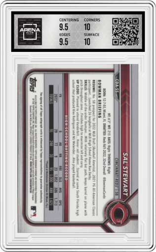 Sal Stewart from the 2022 Bowman Draft set graded by Arena Club and given an overall grade of 10.