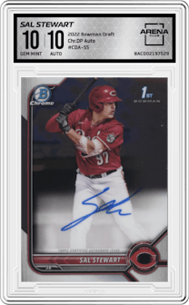 Sal Stewart from the 2022 Bowman Draft set graded by Arena Club and given an overall grade of 10.