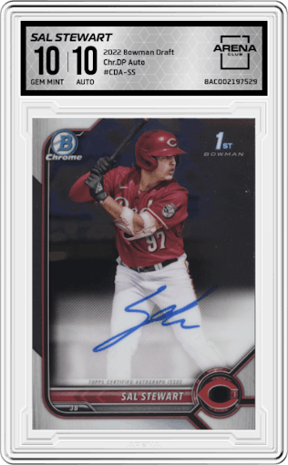 Sal Stewart from the 2022 Bowman Draft set graded by Arena Club and given an overall grade of 10.