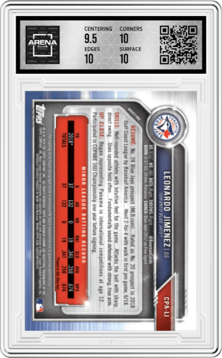 Leonardo Jimenez from the 2019 Bowman Chrome set featuring a Choice Refractor parallel graded by Arena Club and given an overall grade of 10.