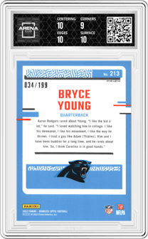 Bryce Young from the 2023 Donruss Optic set featuring a Blue Prizm parallel graded by Arena Club and given an overall grade of 9.5.