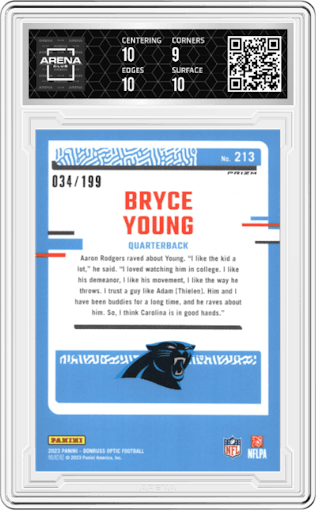 Bryce Young from the 2023 Donruss Optic set featuring a Blue Prizm parallel graded by Arena Club and given an overall grade of 9.5.