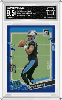 Bryce Young from the 2023 Donruss Optic set featuring a Blue Prizm parallel graded by Arena Club and given an overall grade of 9.5.