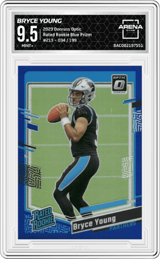 Bryce Young from the 2023 Donruss Optic set featuring a Blue Prizm parallel graded by Arena Club and given an overall grade of 9.5.