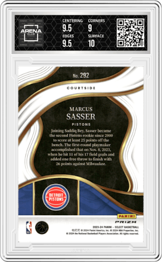 Marcus Sasser from the 2023-24 Panini Select  set featuring a Tiger parallel graded by Arena Club and given an overall grade of 9.5.
