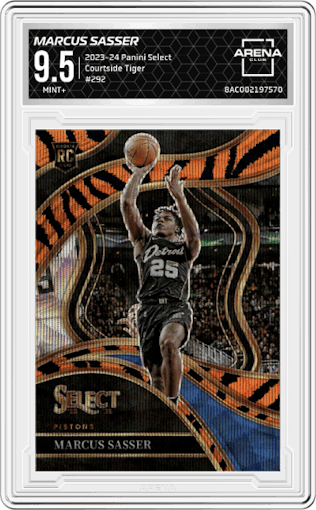 Marcus Sasser from the 2023-24 Panini Select  set featuring a Tiger parallel graded by Arena Club and given an overall grade of 9.5.