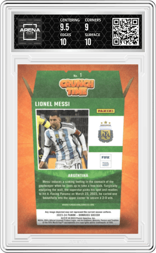 Lionel Messi from the 2023-24 Panini Donruss set graded by Arena Club and given an overall grade of 9.5.
