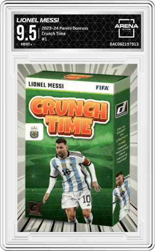 Lionel Messi from the 2023-24 Panini Donruss set graded by Arena Club and given an overall grade of 9.5.