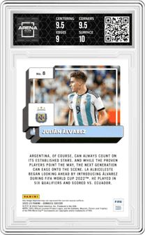 Julian Alvarez from the 2022-23 Panini Donruss  set featuring a Silver parallel graded by Arena Club and given an overall grade of 9.5.