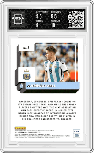 Julian Alvarez from the 2022-23 Panini Donruss  set featuring a Silver parallel graded by Arena Club and given an overall grade of 9.5.