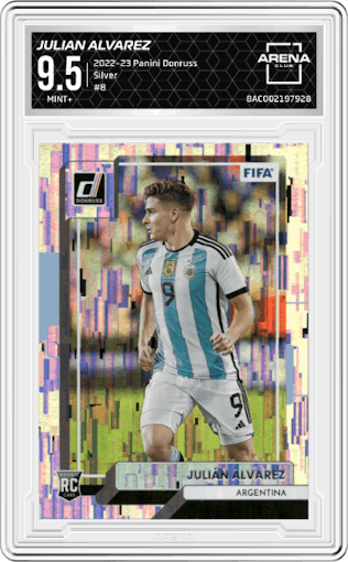 Julian Alvarez from the 2022-23 Panini Donruss  set featuring a Silver parallel graded by Arena Club and given an overall grade of 9.5.