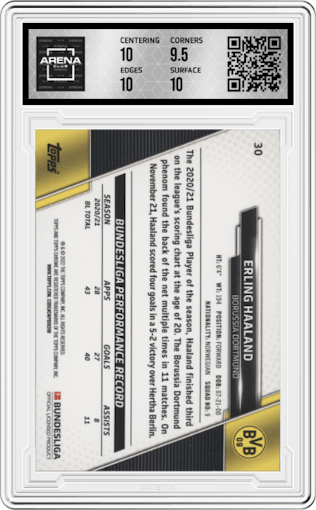 Erling Haaland from the 2021-22 Topps Chrome Sapphire Bundesliga set graded by Arena Club and given an overall grade of 10.