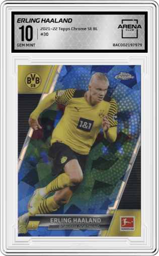 Erling Haaland from the 2021-22 Topps Chrome Sapphire Bundesliga set graded by Arena Club and given an overall grade of 10.
