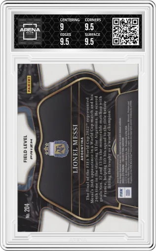 Lionel Messi from the 2022-23 Panini Select FIFA set featuring a Silver parallel graded by Arena Club and given an overall grade of 9.5.
