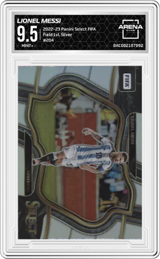 Lionel Messi from the 2022-23 Panini Select FIFA set featuring a Silver parallel graded by Arena Club and given an overall grade of 9.5.