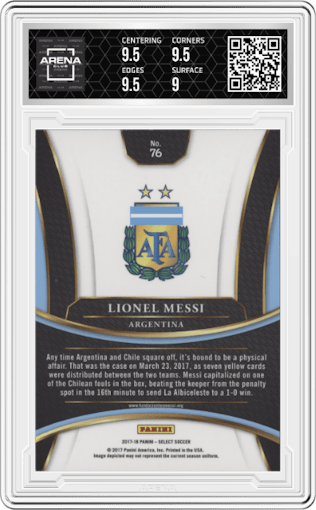 Lionel Messi from the 2017-18 Panini Select set graded by Arena Club and given an overall grade of 9.5.