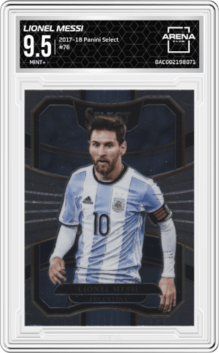 Lionel Messi from the 2017-18 Panini Select set graded by Arena Club and given an overall grade of 9.5.