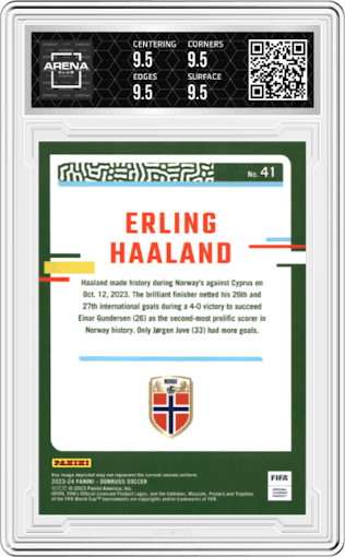 Erling Haaland from the 2023-24 Panini Donruss set featuring a Silver parallel graded by Arena Club and given an overall grade of 9.5.