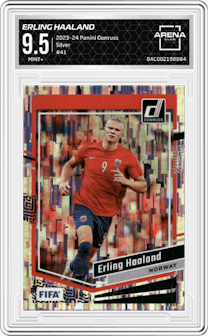 Erling Haaland from the 2023-24 Panini Donruss set featuring a Silver parallel graded by Arena Club and given an overall grade of 9.5.