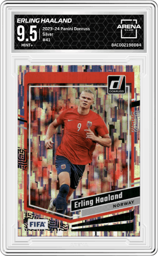 Erling Haaland from the 2023-24 Panini Donruss set featuring a Silver parallel graded by Arena Club and given an overall grade of 9.5.