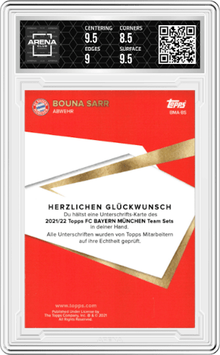 Bouna Sarr from the 2021-22 Topps FC Bayern Munchen set graded by Arena Club and given an overall grade of 9.