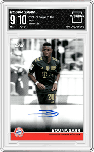 Bouna Sarr from the 2021-22 Topps FC Bayern Munchen set graded by Arena Club and given an overall grade of 9.
