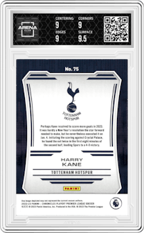 Harry Kane from the 2022-23 Panini Chronicles set featuring a Red parallel graded by Arena Club and given an overall grade of 9.