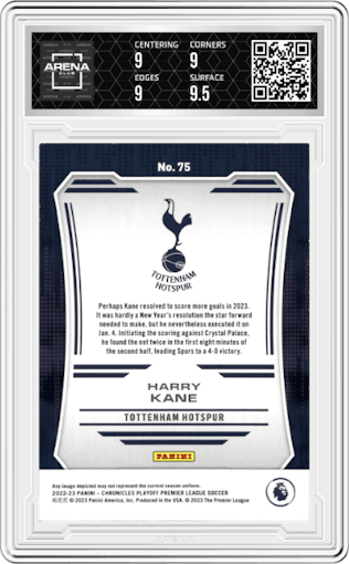 Harry Kane from the 2022-23 Panini Chronicles set featuring a Red parallel graded by Arena Club and given an overall grade of 9.