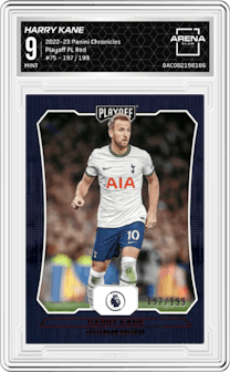Harry Kane from the 2022-23 Panini Chronicles set featuring a Red parallel graded by Arena Club and given an overall grade of 9.
