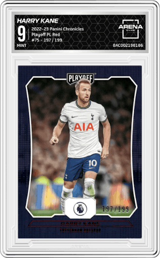 Harry Kane from the 2022-23 Panini Chronicles set featuring a Red parallel graded by Arena Club and given an overall grade of 9.