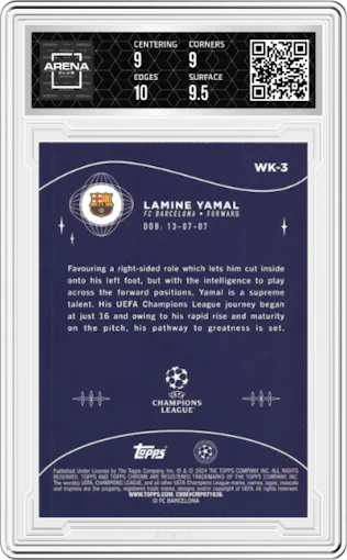 Lamine Yamal from the 2023-24 Topps Chrome UEFA Club Competitions set graded by Arena Club and given an overall grade of 9.5.