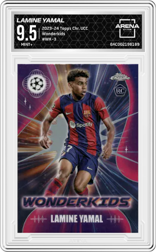 Lamine Yamal from the 2023-24 Topps Chrome UEFA Club Competitions set graded by Arena Club and given an overall grade of 9.5.