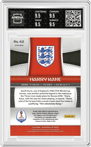 Harry Kane from the 2018 Panini Prizm World Cup set featuring a Silver Prizm  parallel graded by Arena Club and given an overall grade of 9.5.