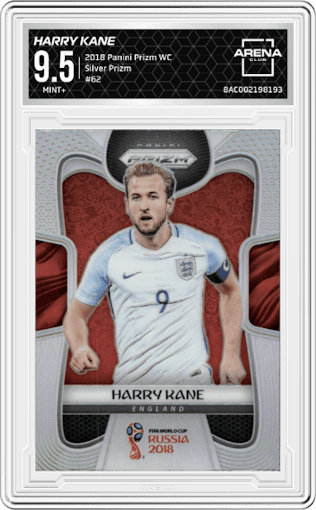 Harry Kane from the 2018 Panini Prizm World Cup set featuring a Silver Prizm  parallel graded by Arena Club and given an overall grade of 9.5.