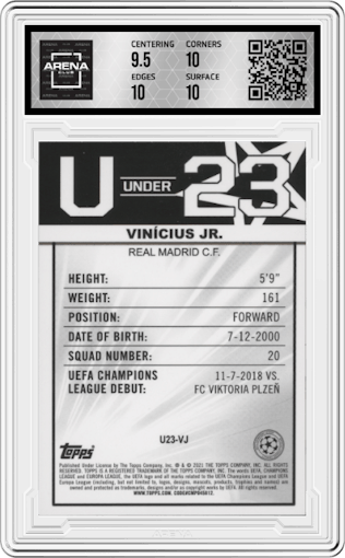 Vinicius Jr. from the 2020-21 Topps Merlin Chrome UEFA Champions League set graded by Arena Club and given an overall grade of 10.