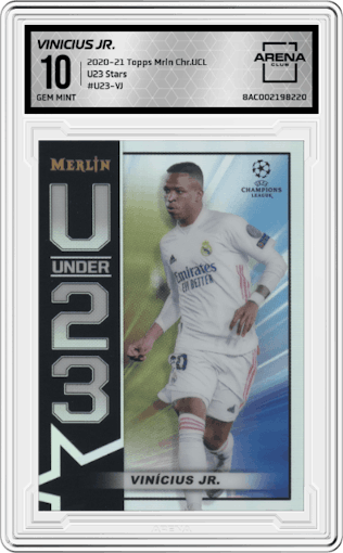 Vinicius Jr. from the 2020-21 Topps Merlin Chrome UEFA Champions League set graded by Arena Club and given an overall grade of 10.